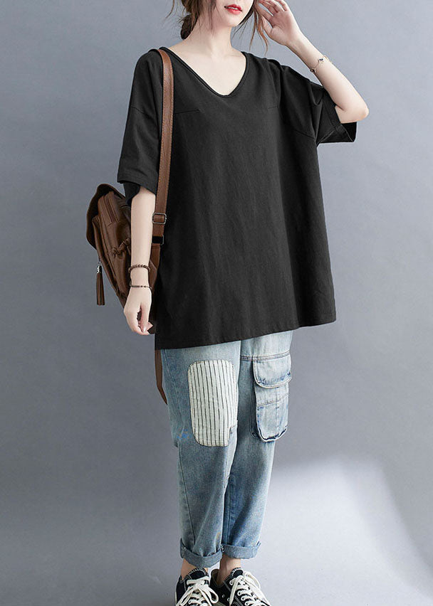 Black V Neck Patchwork Cotton T Shirt Tops Summer
