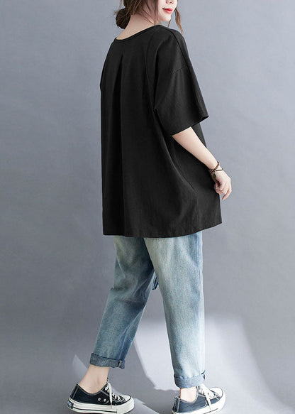 Black V Neck Patchwork Cotton T Shirt Tops Summer
