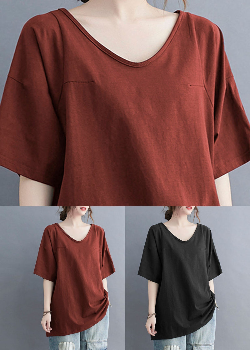 Black V Neck Patchwork Cotton T Shirt Tops Summer
