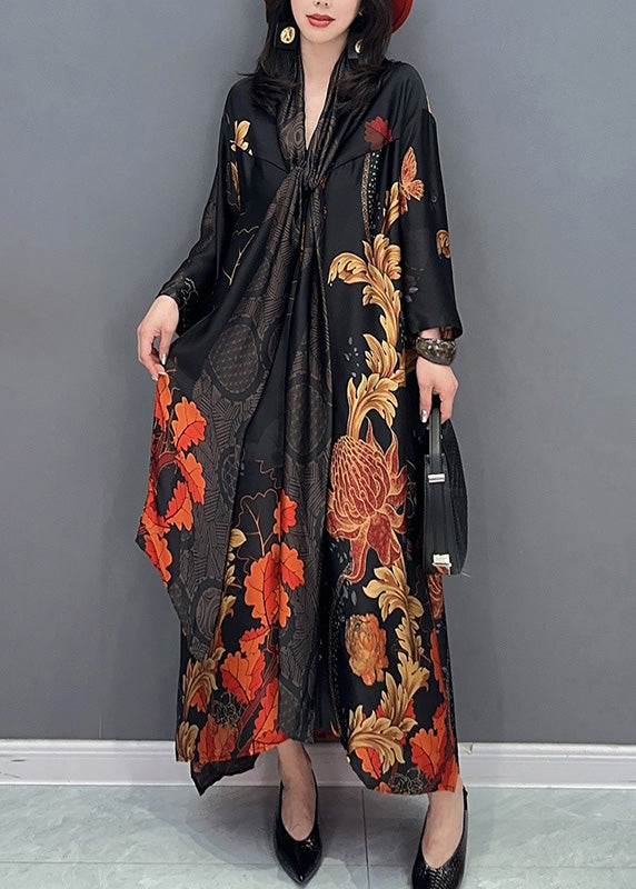 Black V Neck Print Robe Dresses Summer