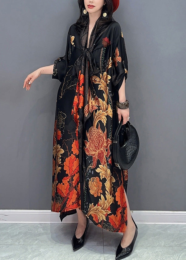 Black V Neck Print Robe Dresses Summer