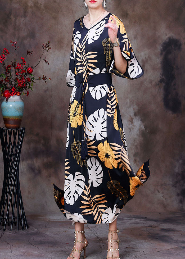 Black V Neck Print Side Open Sashes Silk Vacation Long Dress Bracelet Sleeve
