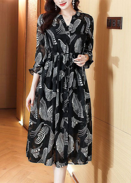 Black V Neck Tie Waist Print Chiffon Holiday Dress Spring