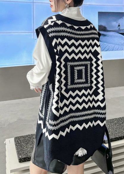 Black White Print V Neck Asymmetrical Thick Cotton Knit Waistcoat Sleeveless