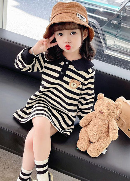Black White Striped Peter Pan Collar Print Kids Mid Dress Fall