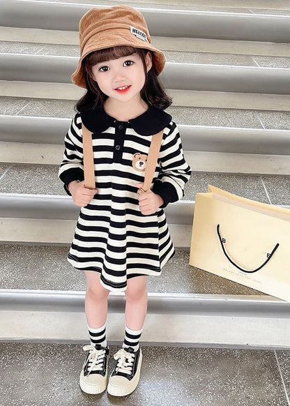 Black White Striped Peter Pan Collar Print Kids Mid Dress Fall