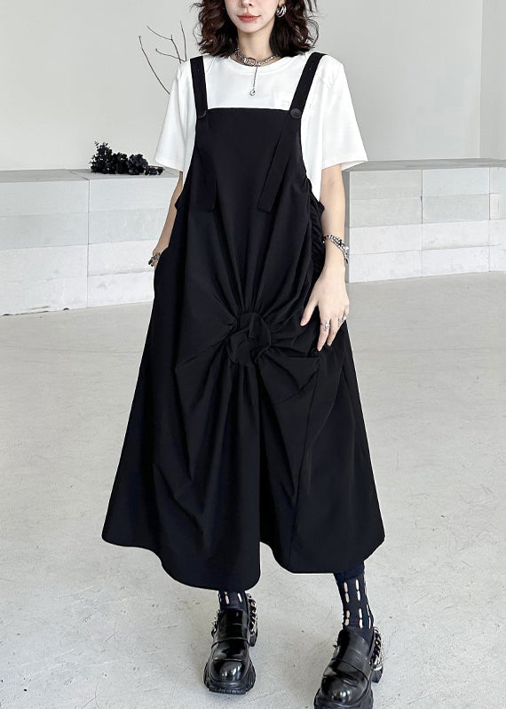 Black Wrinkled Pockets Patchwork Cotton Long Dresses Sleeveless