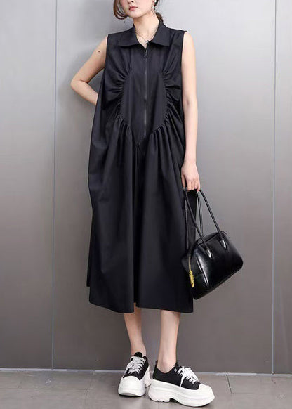 Black Zip Up Wrinkled Cotton Maxi Dresses Sleeveless