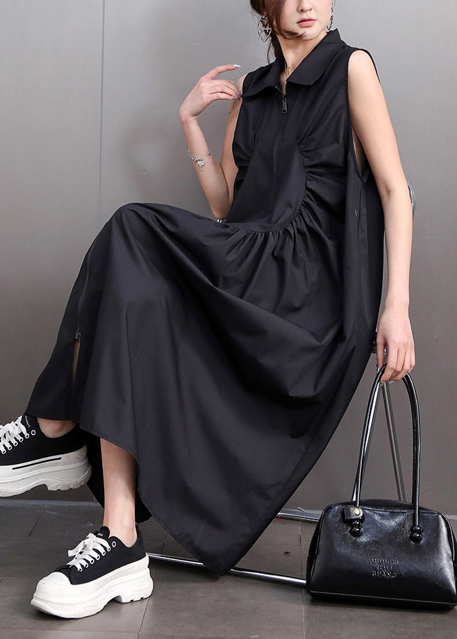 Black Zip Up Wrinkled Cotton Maxi Dresses Sleeveless
