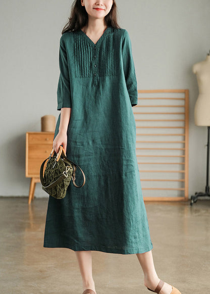 Blackish Green V Neck Linen Vacation Dresses Half Sleeve