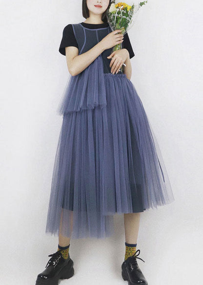 Blue Asymmetrical Design Tulle Robe Dresses Long Smock Summer
