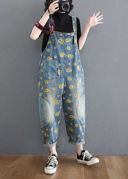 Blue Daisy Patchwork Pockets Denim Jumpsuit Summer