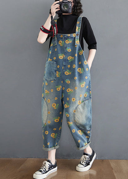 Blue Daisy Patchwork Pockets Denim Jumpsuit Summer