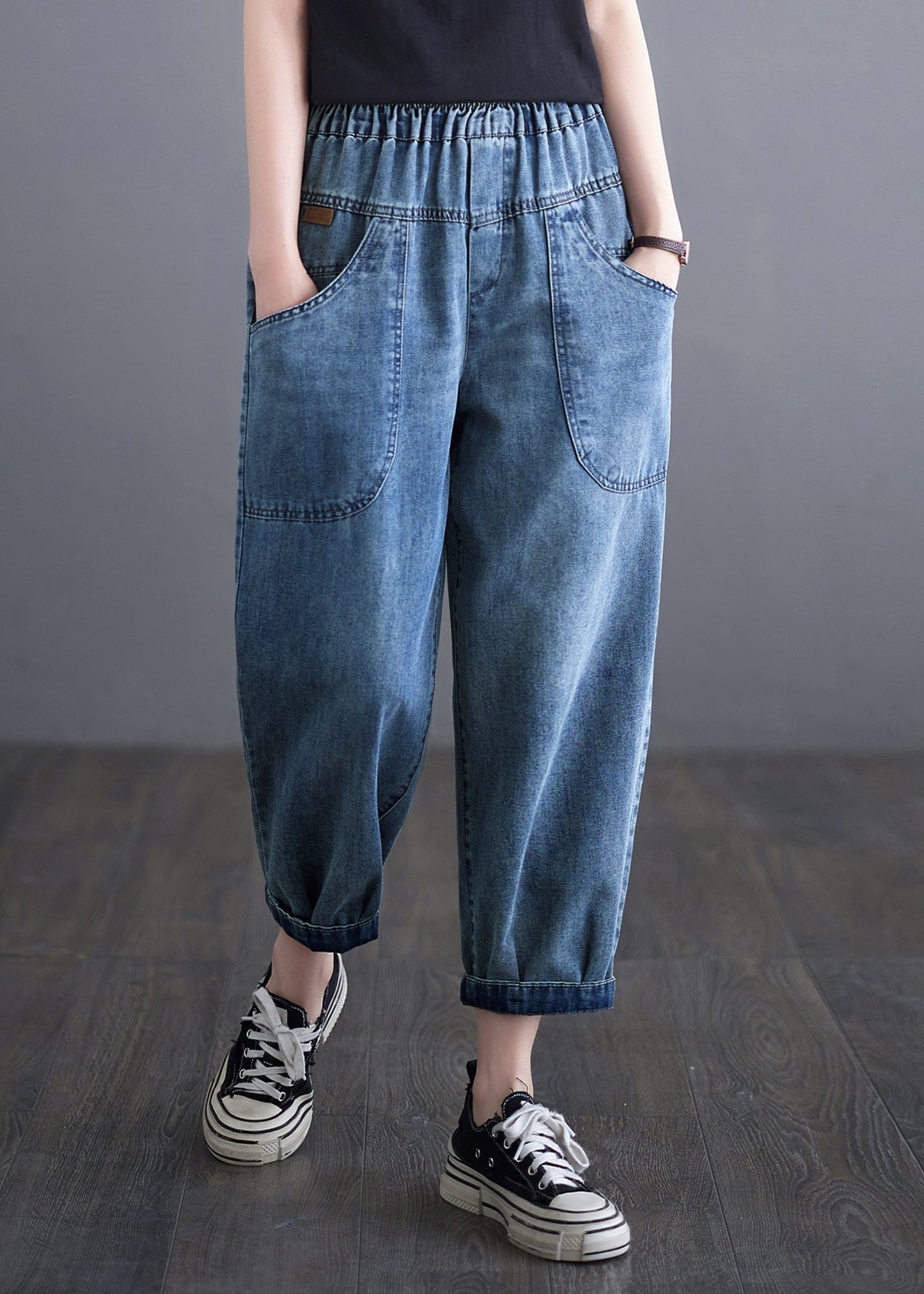 Blue Elastic Waist Pockets Denim Harem Pants Summer