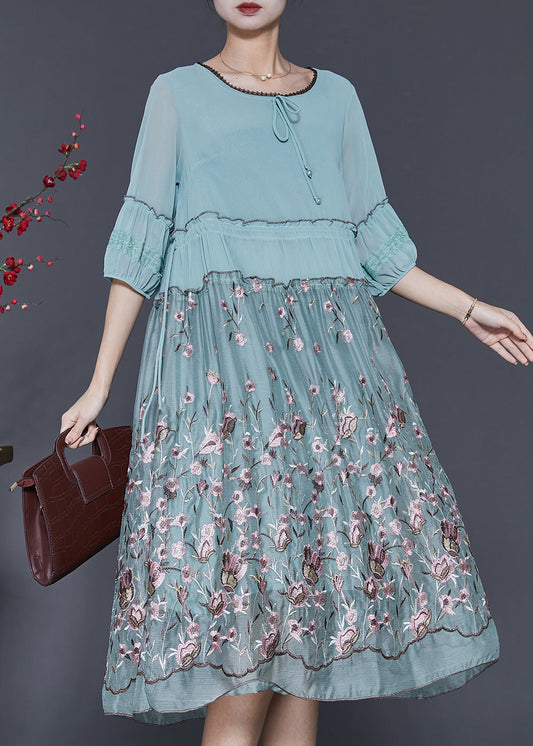 Blue Embroidered Ruffled Silk Dress Half Sleeve