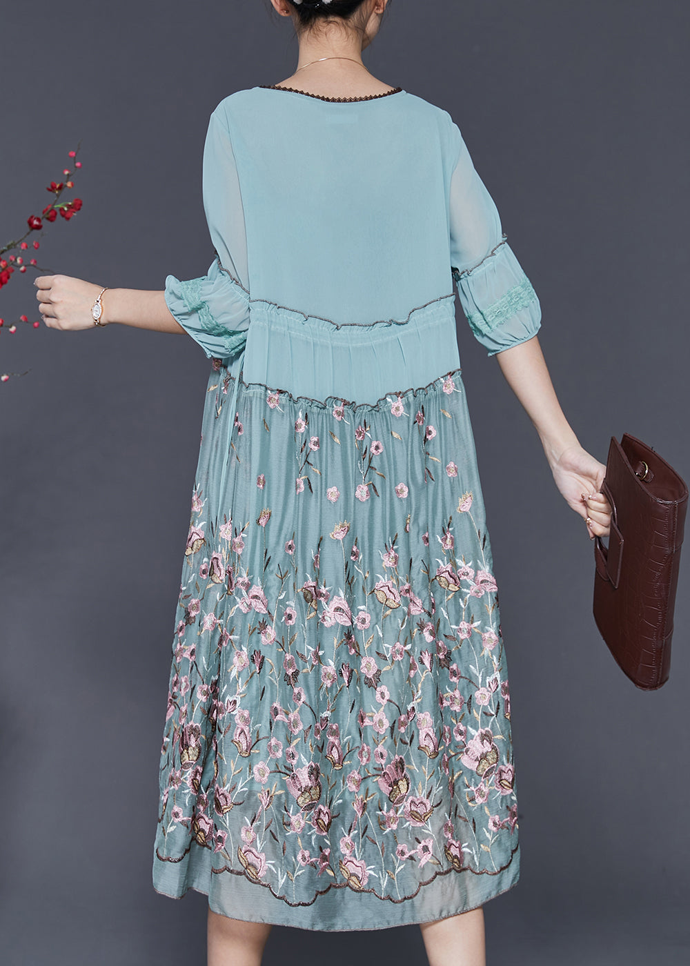 Blue Embroidered Ruffled Silk Dress Half Sleeve