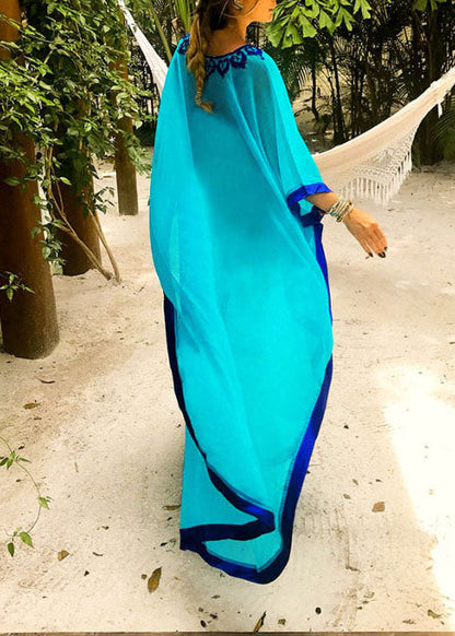 Blue Embroideried Chiffon Beach Gown Summer Dress