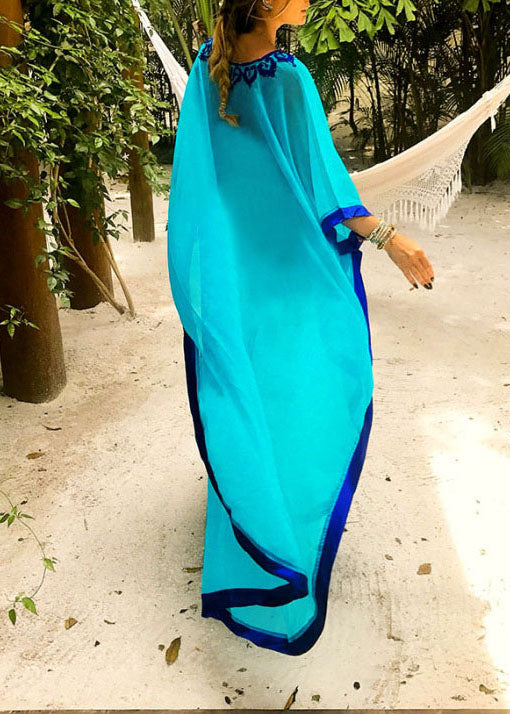 Blue Embroideried Chiffon Beach Gown Summer Dress