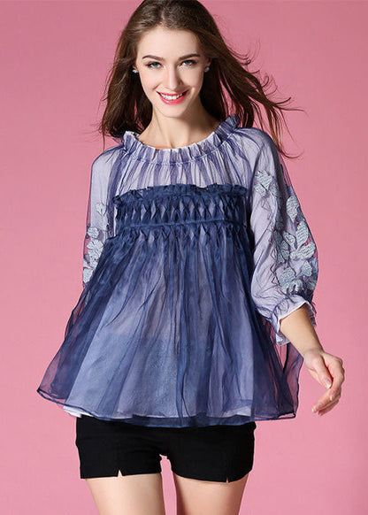Blue Embroideried Wrinkled Organza Blouses Half Sleeve
