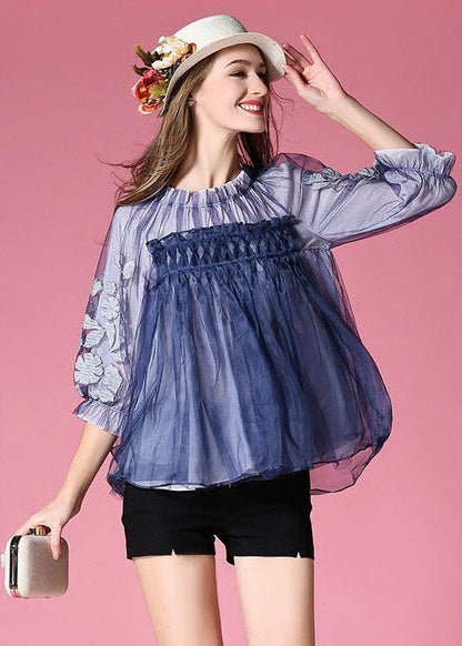 Blue Embroideried Wrinkled Organza Blouses Half Sleeve