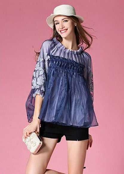 Blue Embroideried Wrinkled Organza Blouses Half Sleeve