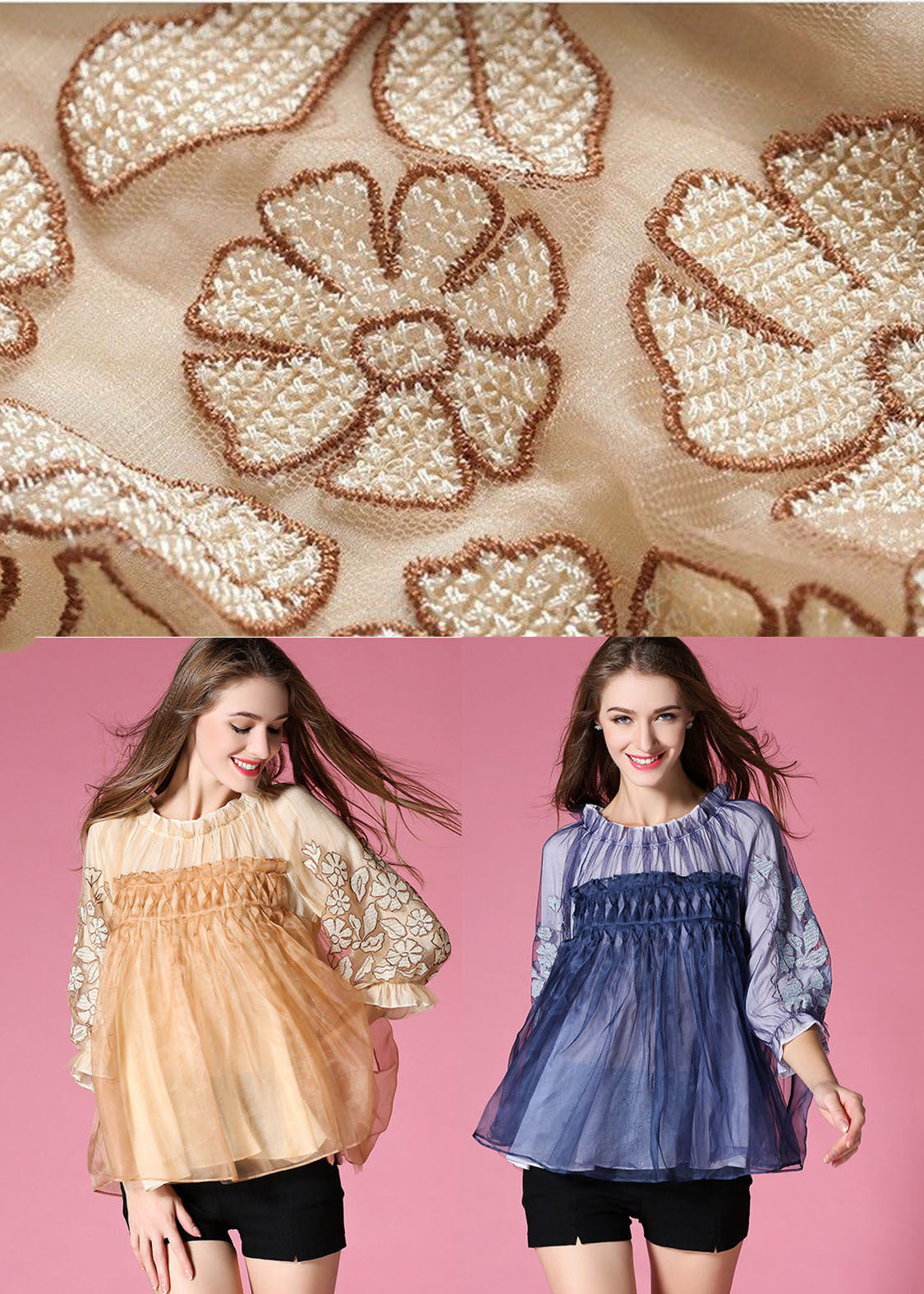Blue Embroideried Wrinkled Organza Blouses Half Sleeve
