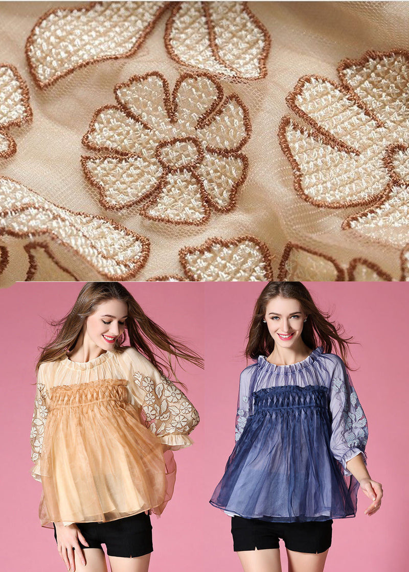 Blue Embroideried Wrinkled Organza Blouses Half Sleeve