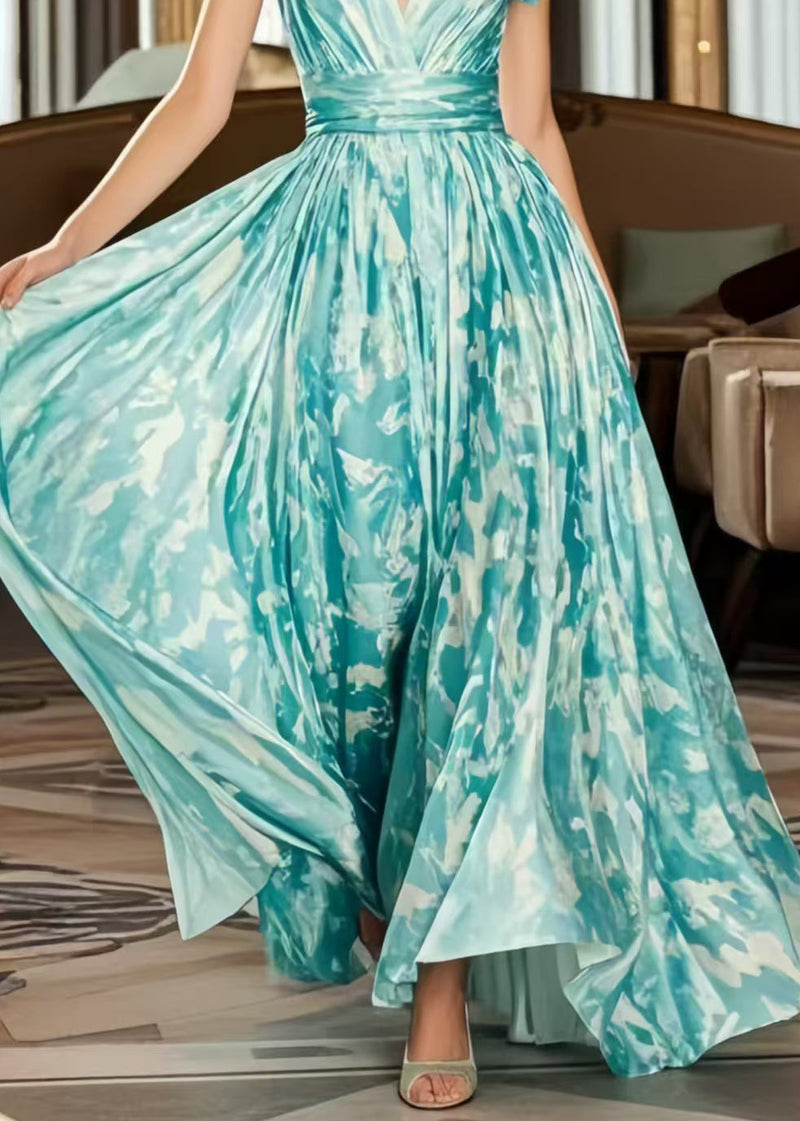 Blue Exra Large Hem Print Chiffon Holiday Dress Summer
