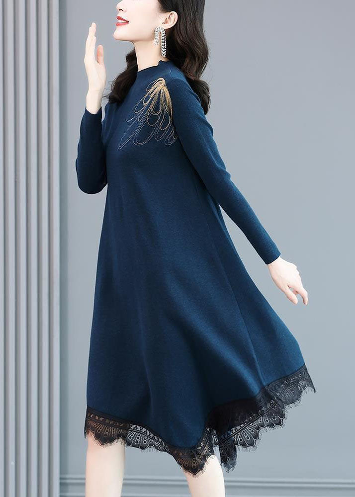 Blue High Neck Lace Patchwork Knit Sweater Dress Long Sleeve
