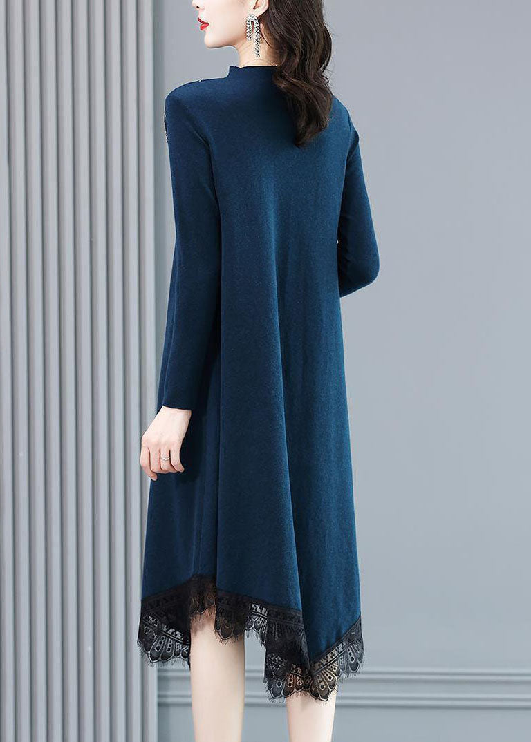 Blue High Neck Lace Patchwork Knit Sweater Dress Long Sleeve