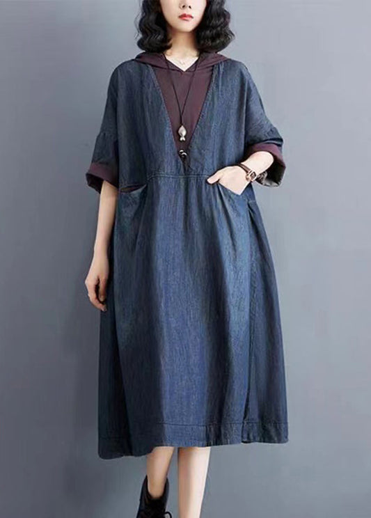 Blue Hooded Patchwork Thin Denim Dress Summer