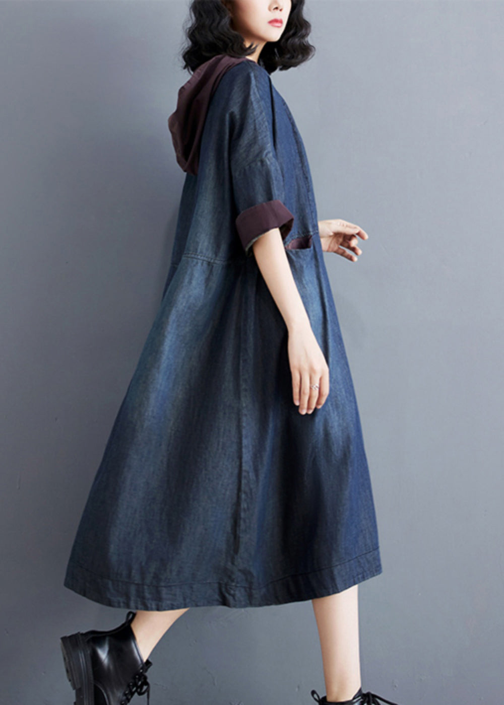 Blue Hooded Patchwork Thin Denim Dress Summer