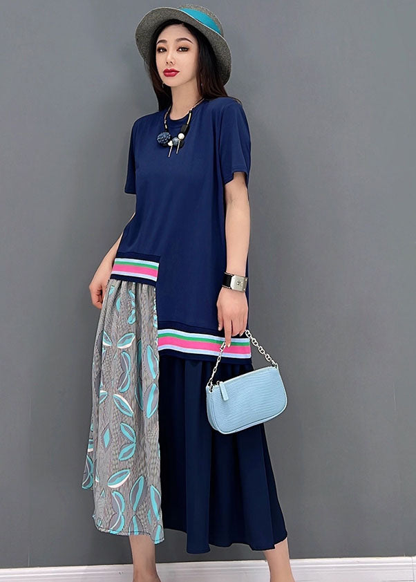 Blue O-neck Asymmetrical Design Cotton Maxi Dress Short Sleeve