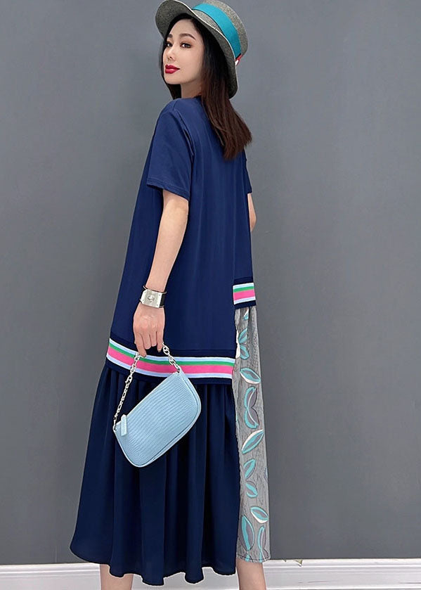 Blue O-neck Asymmetrical Design Cotton Maxi Dress Short Sleeve