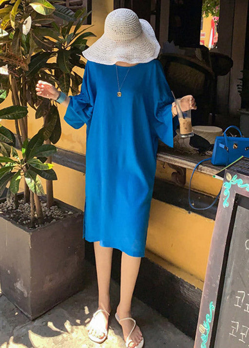 Blue O-neck Long Dresses Flare Sleeve
