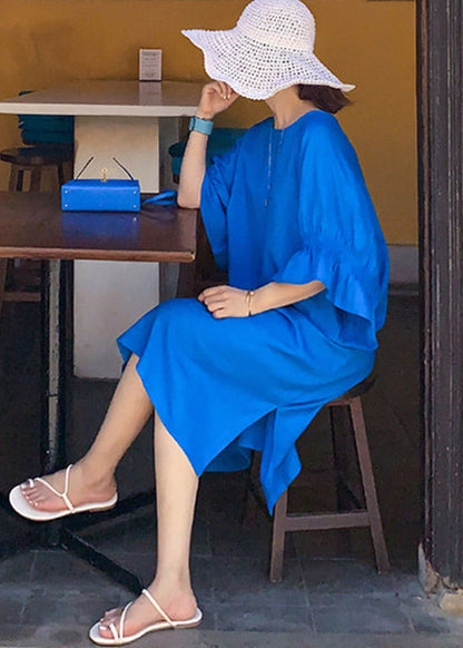 Blue O-neck Long Dresses Flare Sleeve