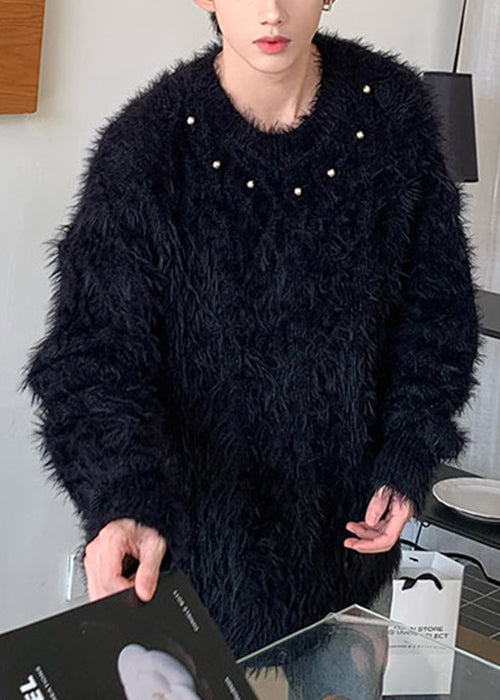 Blue O Neck Nail Bead Mink Hair Knitted Sweaters Winter