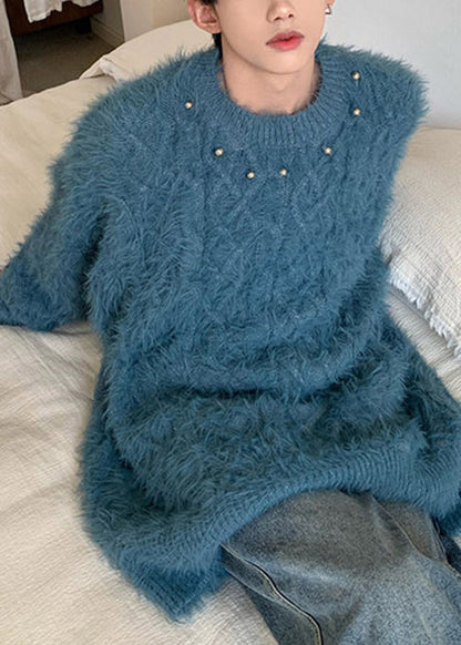 Blue O Neck Nail Bead Mink Hair Knitted Sweaters Winter