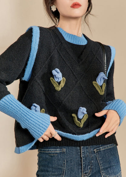 Blue O-neck Patchwork Cotton Knit Sweaters Spring