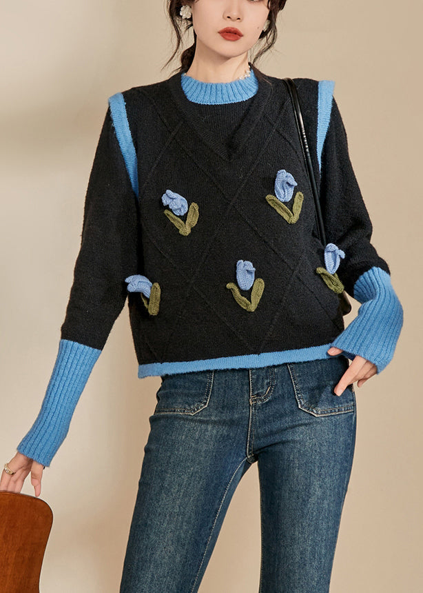 Blue O-neck Patchwork Cotton Knit Sweaters Spring