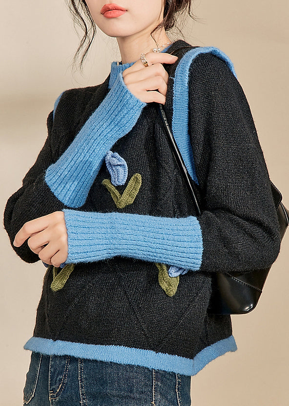 Blue O-neck Patchwork Cotton Knit Sweaters Spring
