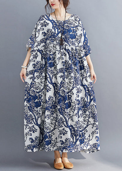 Blue O-neck Print Patchwork Wrinkled Maxi Dresses Summer