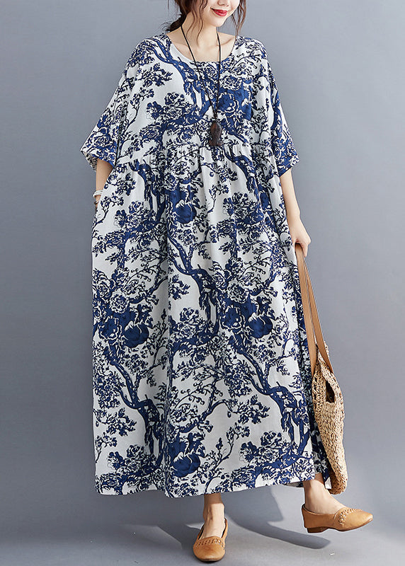 Blue O-neck Print Patchwork Wrinkled Maxi Dresses Summer