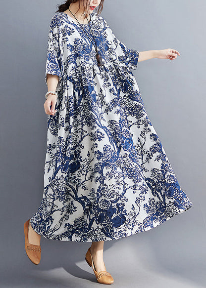Blue O-neck Print Patchwork Wrinkled Maxi Dresses Summer