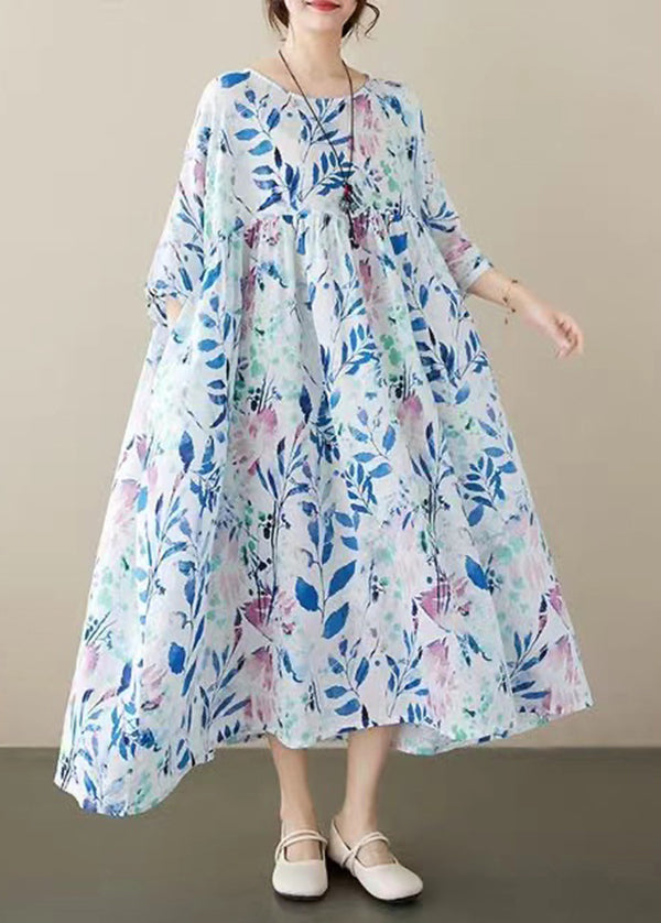 Blue O Neck Print Cotton Dress Summer