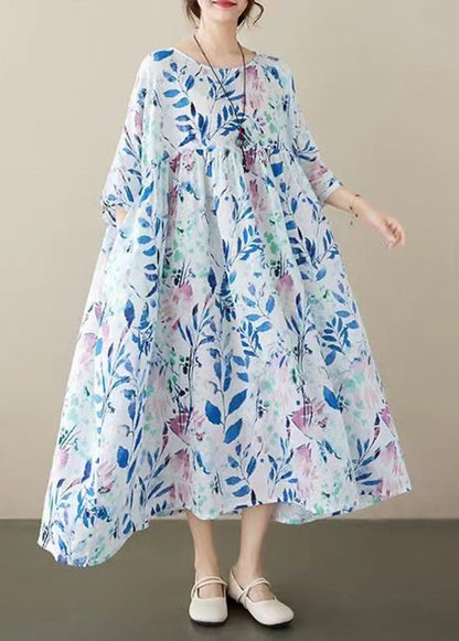 Blue O Neck Print Cotton Dress Summer