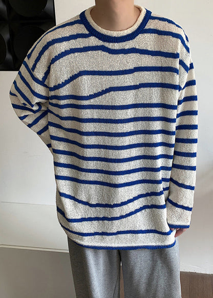 Blue O-neck Striped Cozy Knit Sweaters Spring