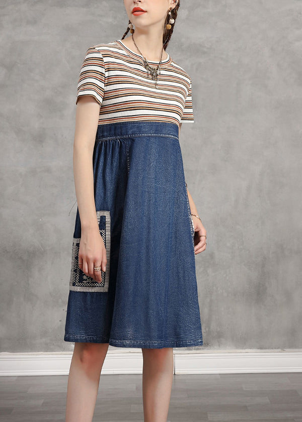 Blue O-neck Striped Knit Patchwork Denim Mid Dress Short Sleeve