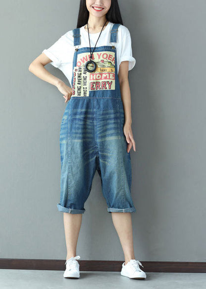 Blue Oversized Applique Cotton Denim Jumpsuit Spring