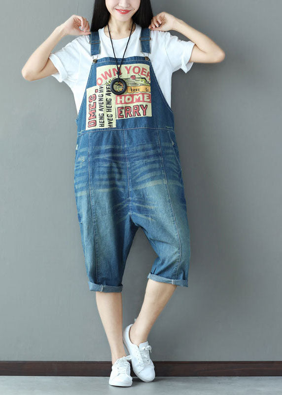 Blue Oversized Applique Cotton Denim Jumpsuit Spring